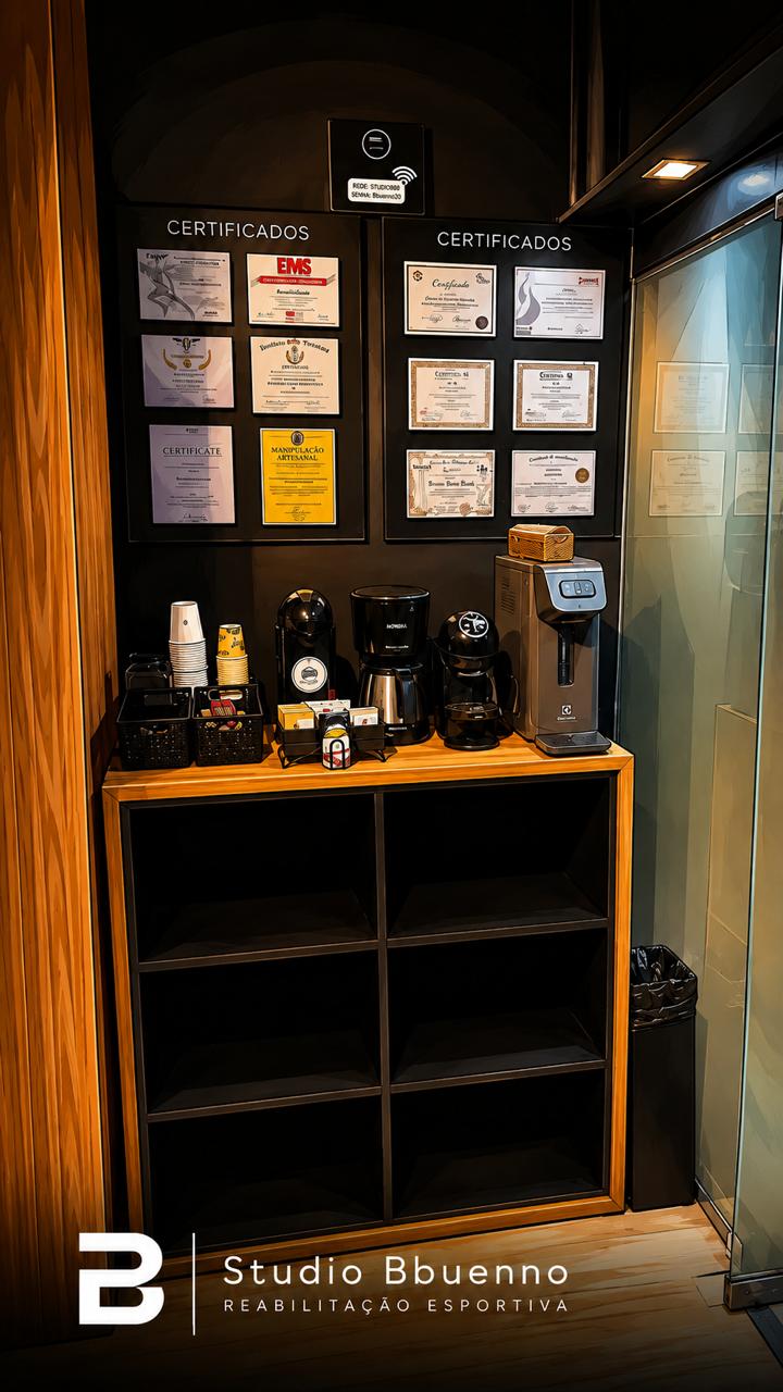 Parede de certificados e café